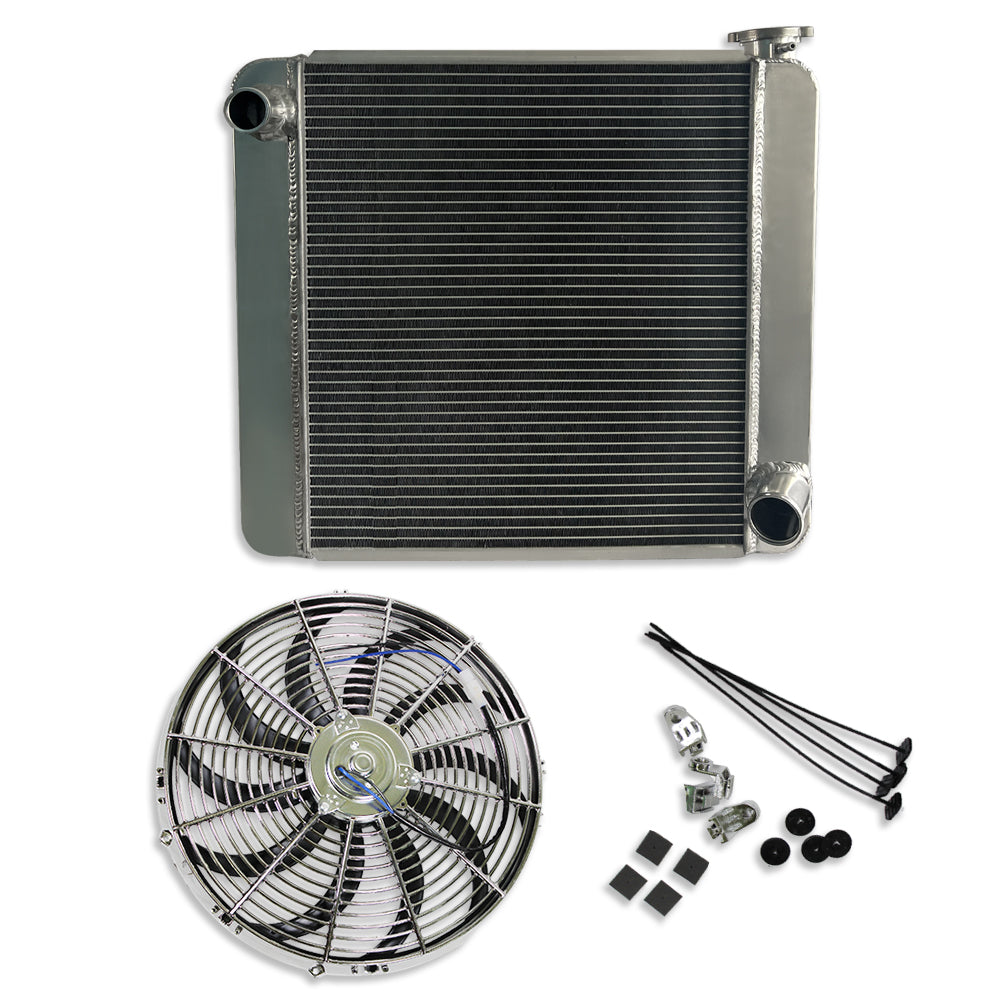 For SBC BBC Chevy GM Fabricated Polished Aluminum Radiator 22" x 19" x3" Overall & Chrome 16" Heavy Duty Cooling Fan