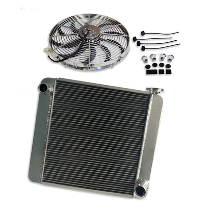 For SBC BBC Chevy GM Fabricated Polished Aluminum Radiator 22" x 19" x3" Overall & Chrome 16" Heavy Duty Cooling Fan