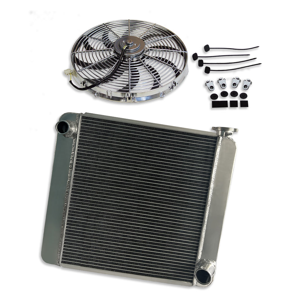 For SBC BBC Chevy GM Fabricated Aluminum Radiator 22" x 19" x3" Overall & Chrome 16" Heavy Duty Cooling Fan