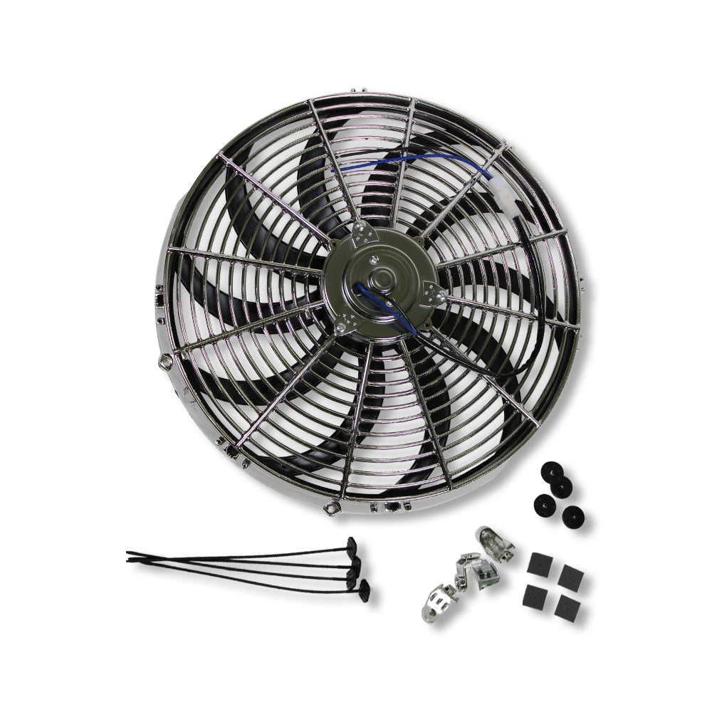 For SBC BBC Chevy GM Fabricated Polished Aluminum Radiator 22" x 19" x3" Overall & Chrome 16" Heavy Duty Cooling Fan