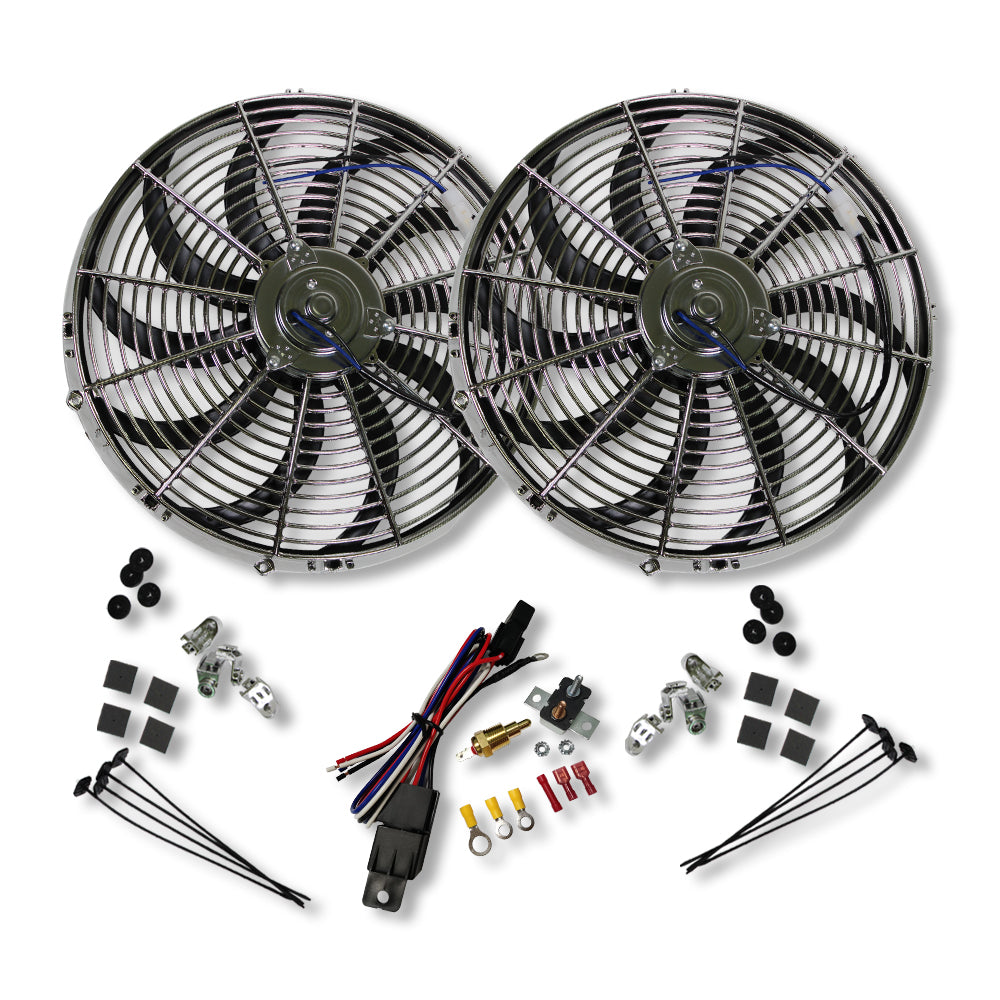 2pcs Chrome 16" Heavy Duty Reversible Electric Cooling Fan with Mounting Kit & Thermostat Relay Kit
