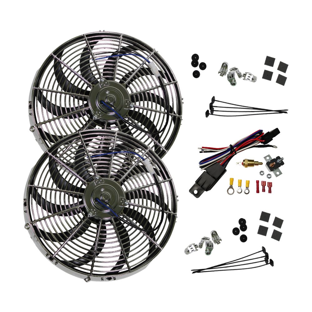 2pcs Chrome 16" Heavy Duty Reversible Electric Cooling Fan with Mounting Kit & Thermostat Relay Kit