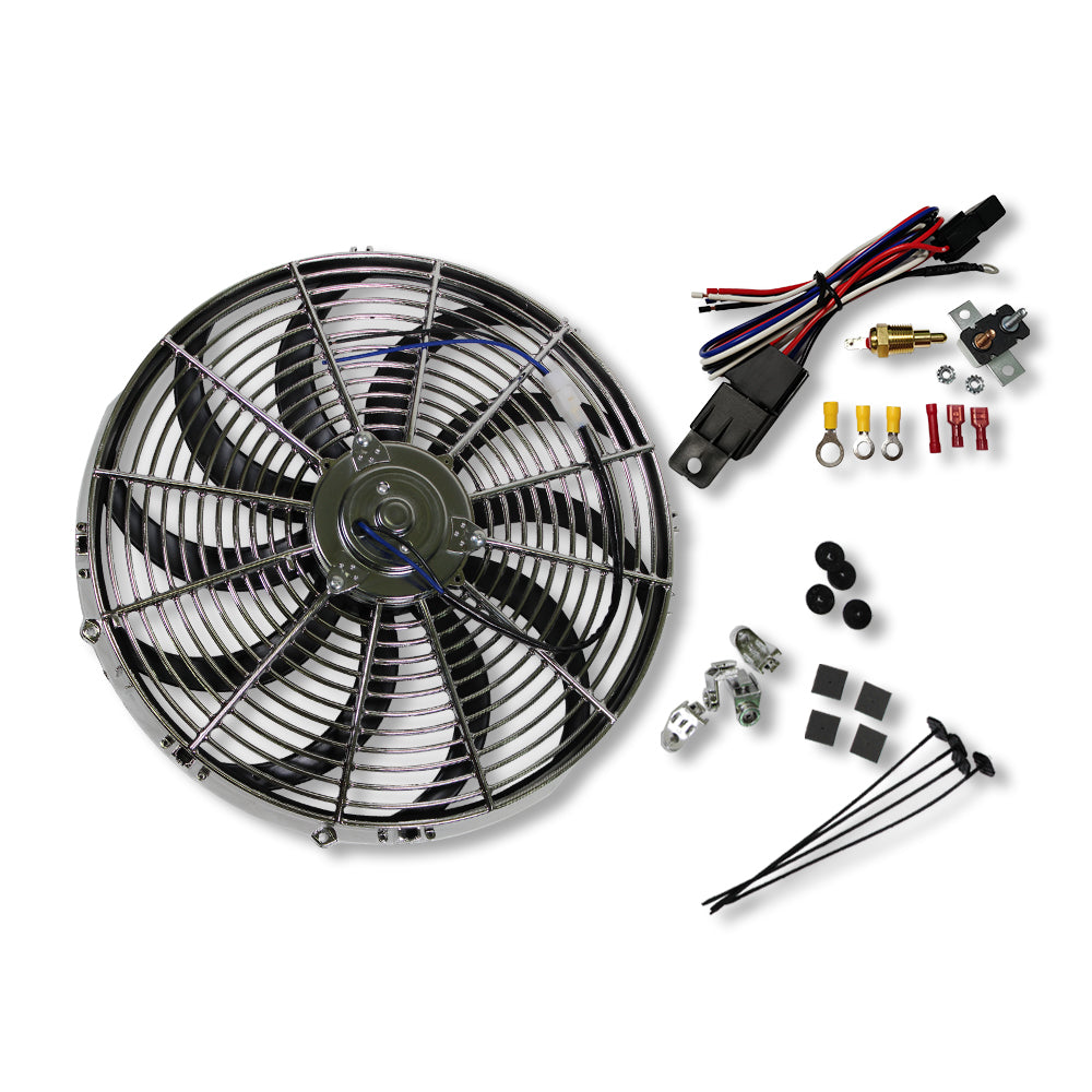 Chrome 16" Heavy Duty Reversable Electric Cooling Fan 2500cfm W/ Thermostat Kit