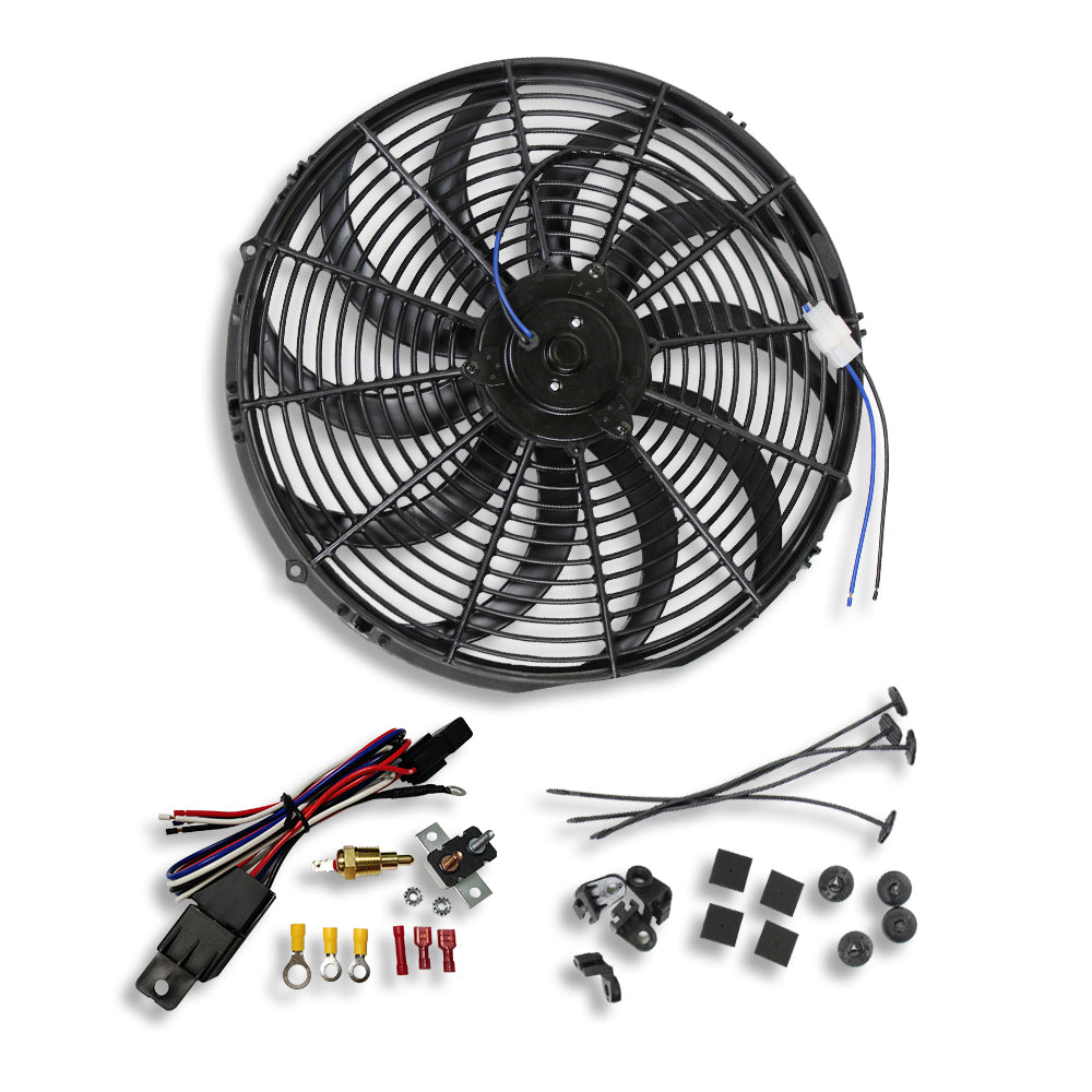 16" Electric Curved "S" Blade Reversible Cooling Fan 12v 2500cfm & Thermostat Kit