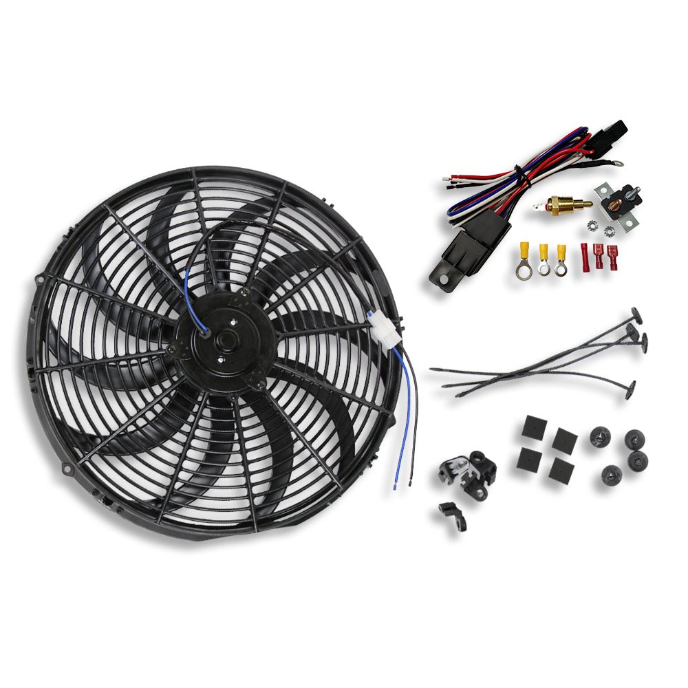 16" Electric Curved "S" Blade Reversible Cooling Fan 12v 2500cfm & Thermostat Kit