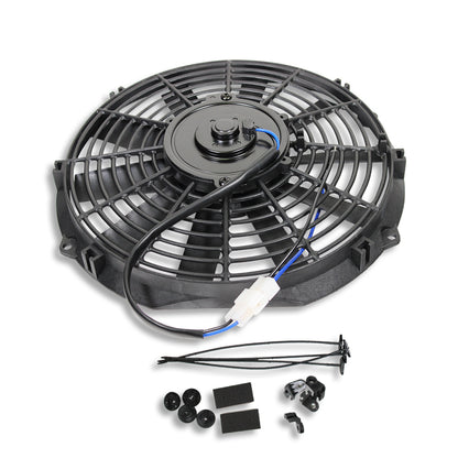 Fabricated Polished Aluminum Radiator & 12" Electric Radiator Cooling fan Straight Blade Black & Thermostat Switch Relay Kit