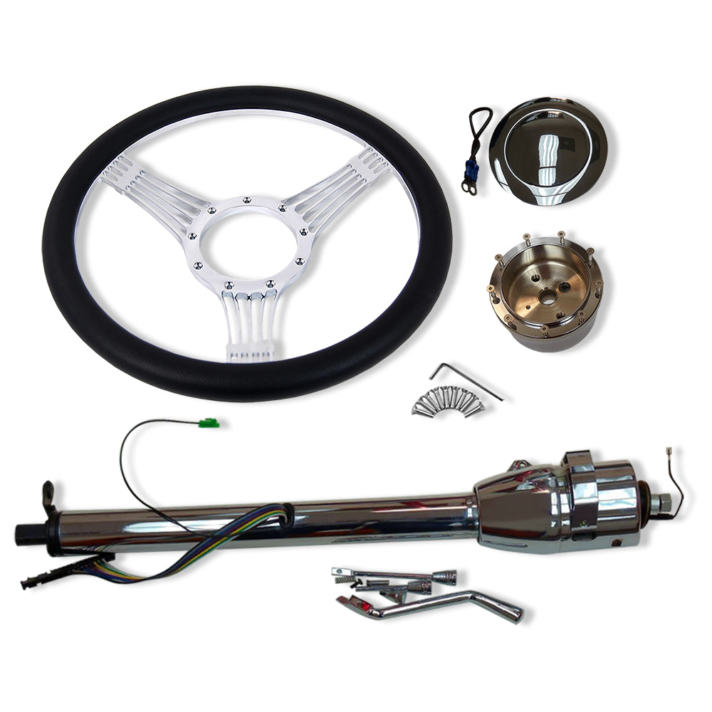 Chrome 28" Auto Steering Column No Key & 14" Billet Steering Wheel & Horn Button