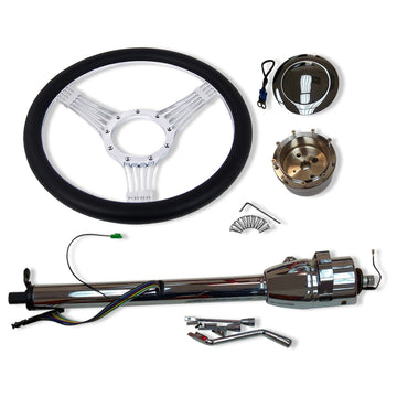 Chrome 28" Auto Steering Column No Key & 14" Billet Steering Wheel & Horn Button