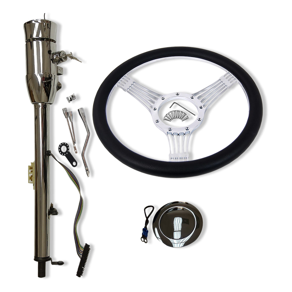 Chrome 14" Steering Wheel & 30" Steering Column Auto w/ Key & Horn Button