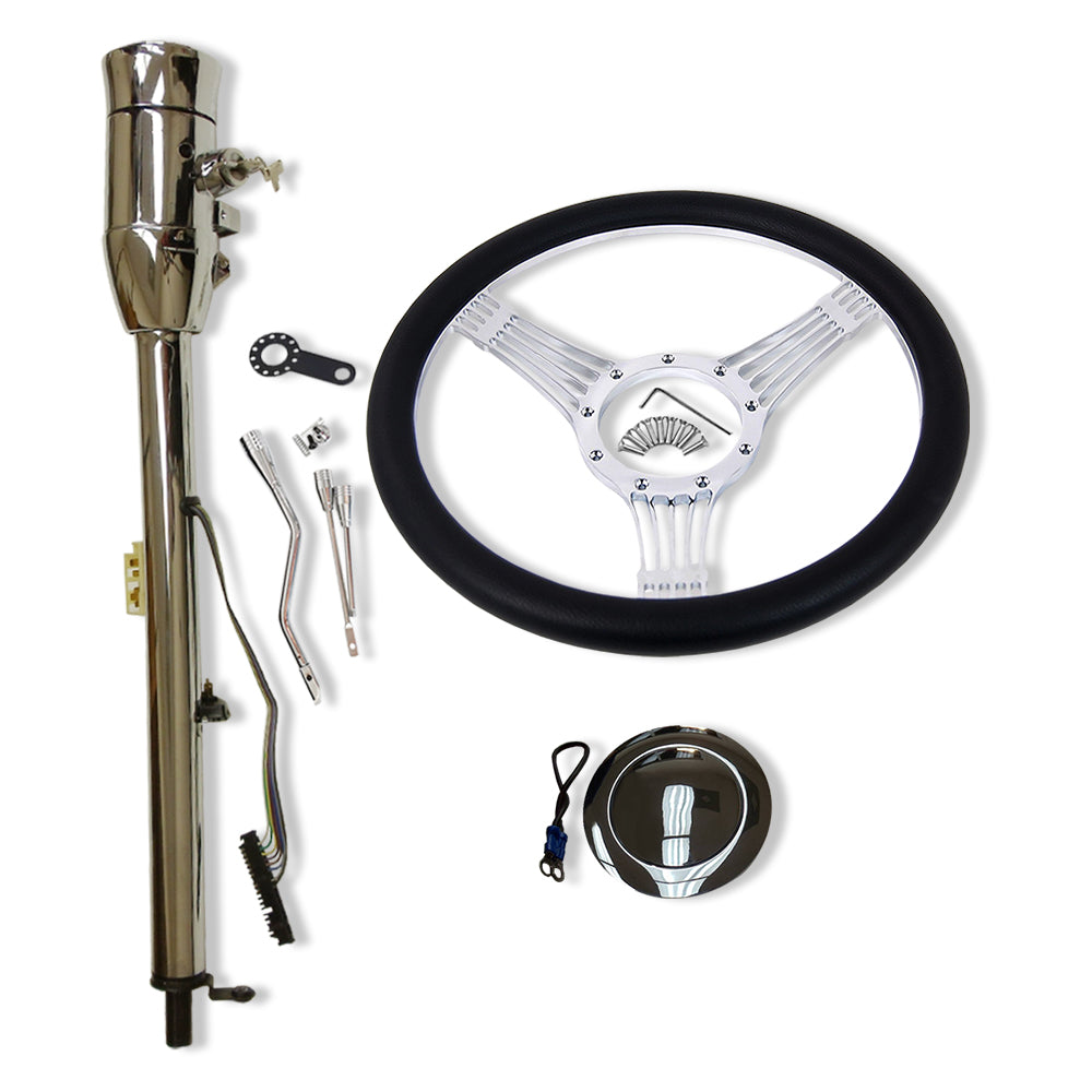 14" Billet Steering Wheel Kit+ 32" Tilt Auto Steering Column w/Key GM Chrome