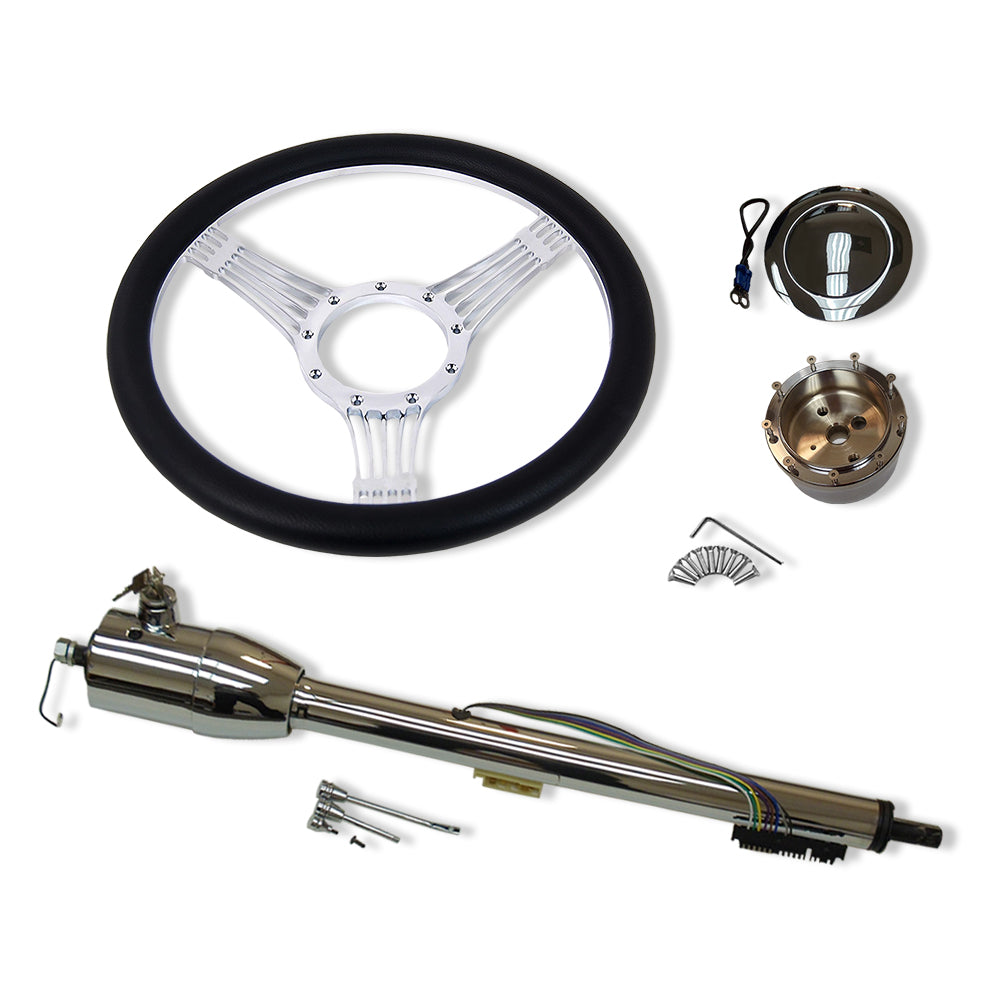 14" Steering Wheel+Smooth Horn Button+30" Tilt Manual Steering Column w/ Key & Adapter