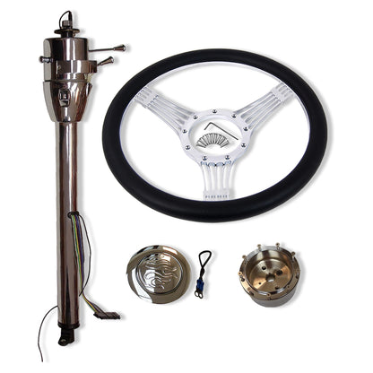 28" Auto Steering Column GM No Key & 9 Holes Steering Wheel & Flame Horn Button