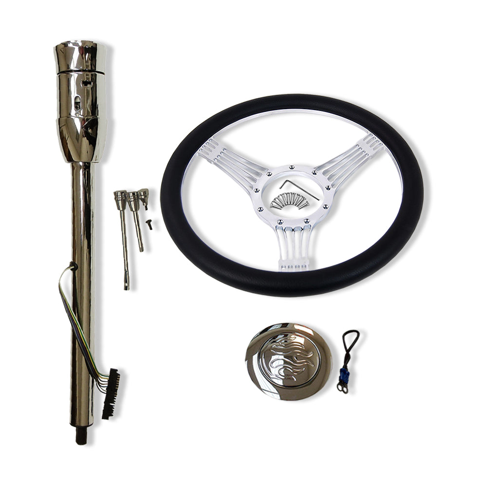 14" Banjo Steering Wheel & Flame Horn Button & 30"Steering Column Manual w/ Adapater No key