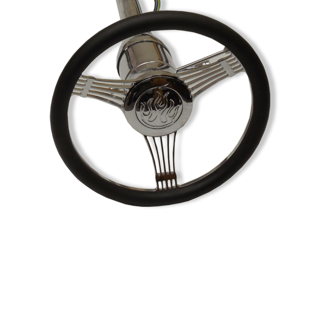 14" Chrome Billet Steering Wheel & Manual Column 28"GM No Key w/Adapter & Flame Horn Button