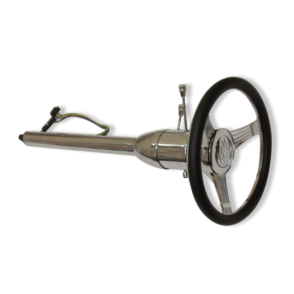 14" Chrome Billet Steering Wheel & Manual Column 28"GM No Key w/Adapter & Flame Horn Button