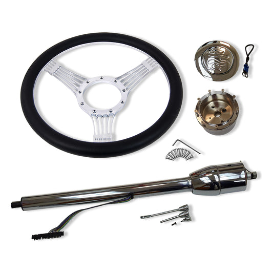 14" Banjo Steering Wheel & Flame Horn Button & 30"Steering Column Manual w/ Adapater No key