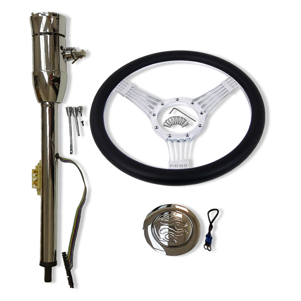 14" Banjo Steering Wheel & & Flamed Horn Button & 28" Manual Steering Column w/Key