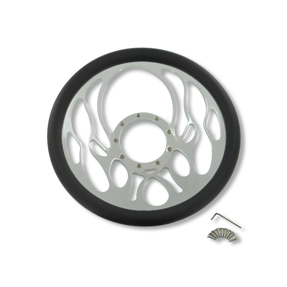 14" Billet Chrome Flamed Steering Wheel Wrap Leather