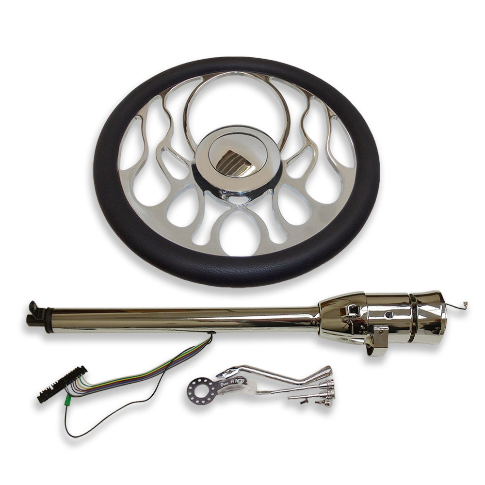 Universal 30" Chrome Auto Steering Column & 9 Hole Steering Wheel & Horn Button