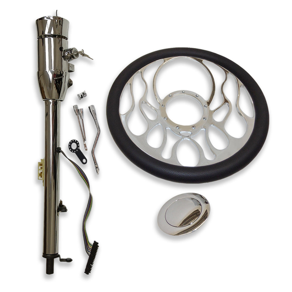 14" Billet Chrome Flamed Steering Wheel& Automatic Style Steering Column 32" GM With Key&Horn Button