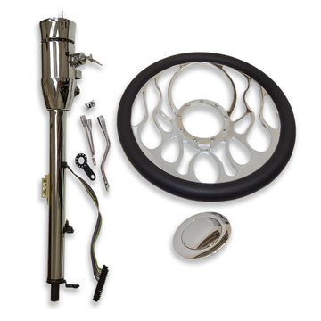 14" Billet Chrome Flamed Steering Wheel& Automatic Style Steering Column 32" GM With Key&Horn Button