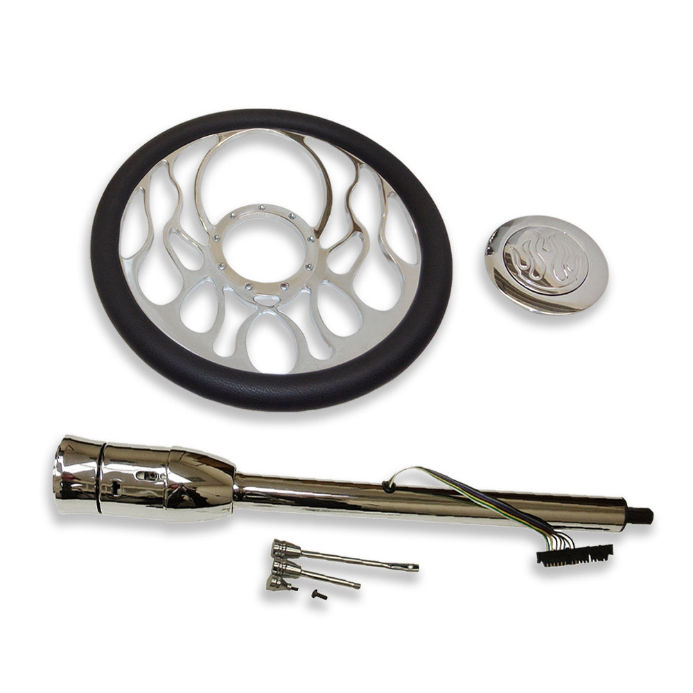 Chrome 14" Flamed Steering Wheel & Horn Button & 28" Tilt Manual Steering Column