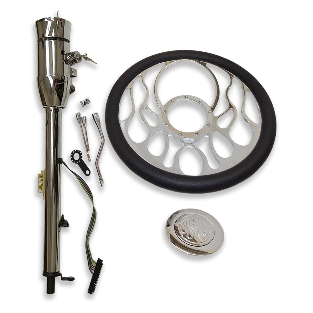 14" Billet Chrome Flamed Style Steering Wheel&Automatic Style Steering Column 32" GM With Key&Horn Button