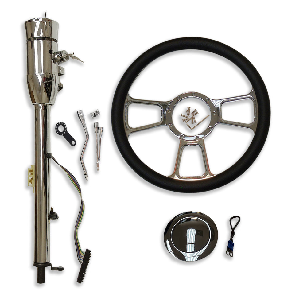 Chrome 30" Automatic Steering Column w/ Key & 14" Steering Wheel & Horn Button