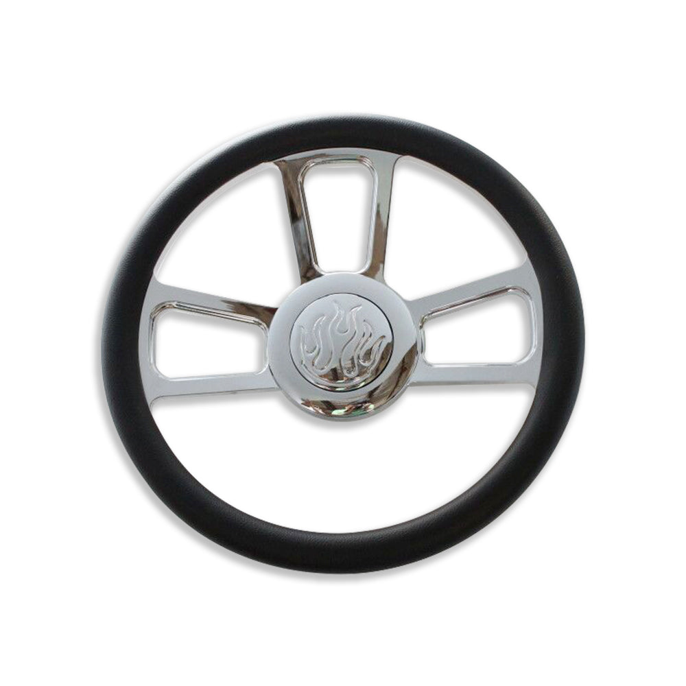 GM 14" Split Tri Spoke Steering Wheel w/ 9 Hole Chromed Flamed Horn Button
