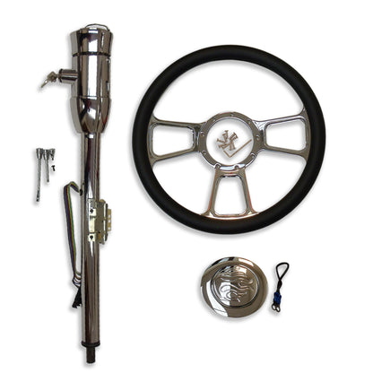 Chrome 28" Manual Steering Column w/ Key & 14" Wheel & Flame Horn Button