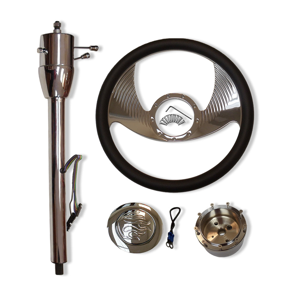 30" Tilt Manual Steering Column+14" Billet Hawk Wing Steering Wheel+Flamed Horn Button