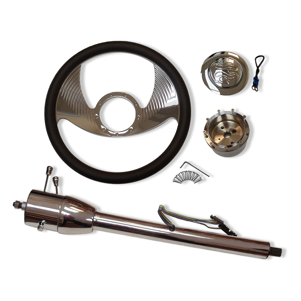 30" Tilt Manual Steering Column+14" Billet Hawk Wing Steering Wheel+Flamed Horn Button