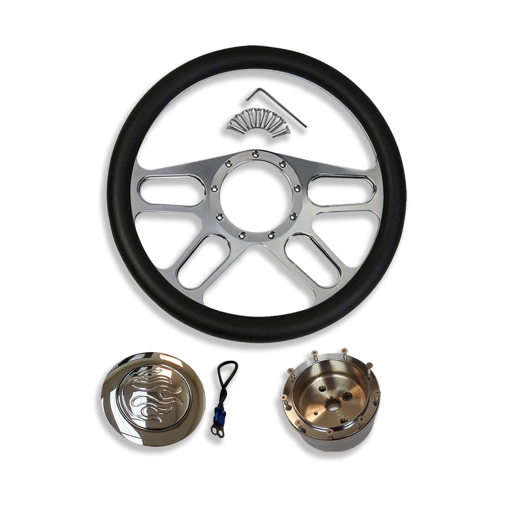 Chrome Aluminum 14" Billet Half Wrap New Age Steering Wheel & Flame Horn Button & Adapter