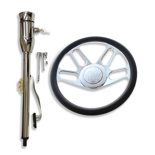 28" Tilt Manual Steering Column w/ KEY & 9 Hole Adapter 14" Steering Wheel Kit