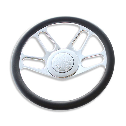 Chrome 14" Billet New Age Half Wrap Steering Wheel (9 hole) & Flame Horn Button