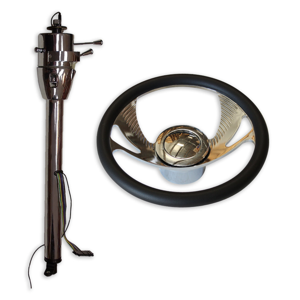 Chrome Auto Steering Column 30" No Key & 14" Steering Wheel & Horn Button