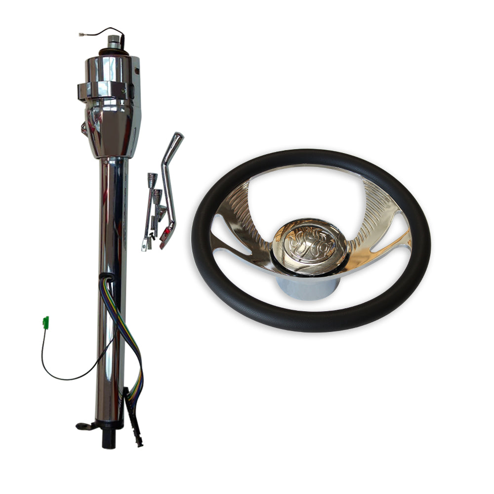 30"GM Auto Steering Column No Key & 14" Billet Steering Wheel & Horn Button