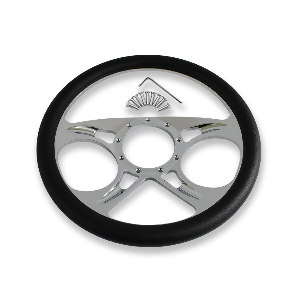 14" Billet Aluminum Steering Wheel 9 Hole w/ Black Half Wrap Leather GM Chrome