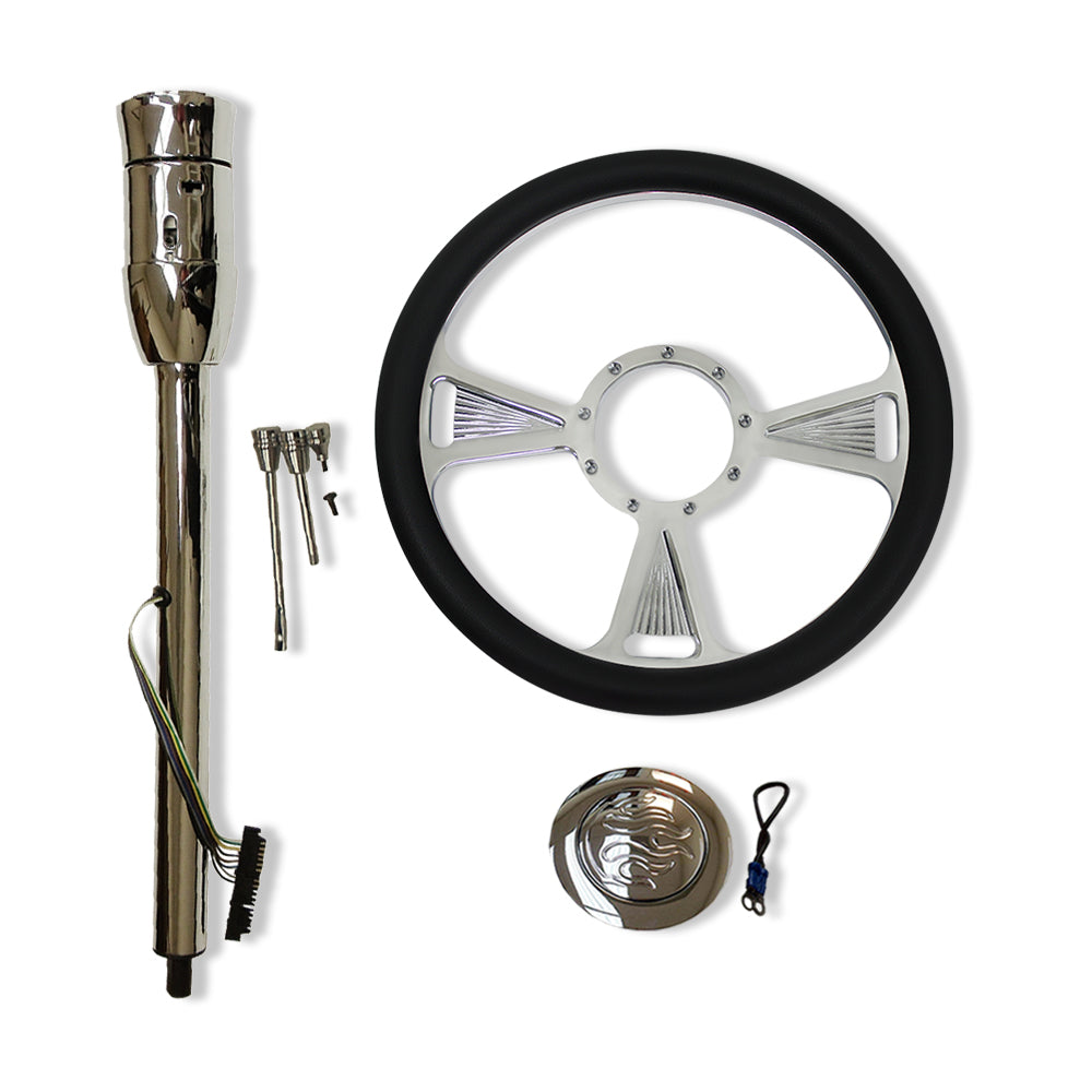 30" Manual Steering Column w/adapter NO Key & 14" Billet Steering Wheel Kit