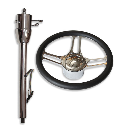 14" Chrome Billet (9 Hole) Steering Wheel&Manual Steering Column 28" GM No Key&Horn Button