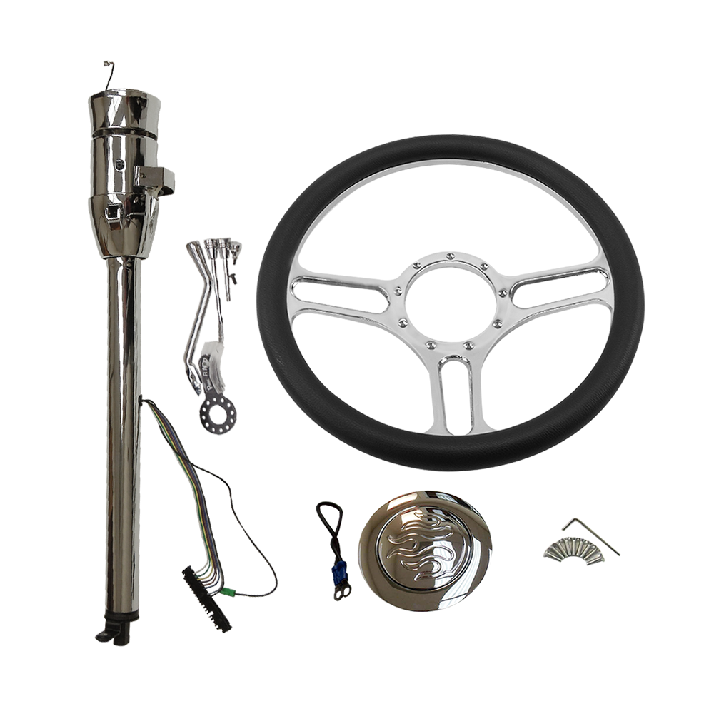 14" Chrome Billet Aluminum (9 Hole) Steering Wheel& Automatic Steering Column 30" GM No Key&Horn Button