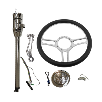 14" Chrome Billet Aluminum (9 Hole) Steering Wheel& Automatic Steering Column 30" GM No Key&Horn Button