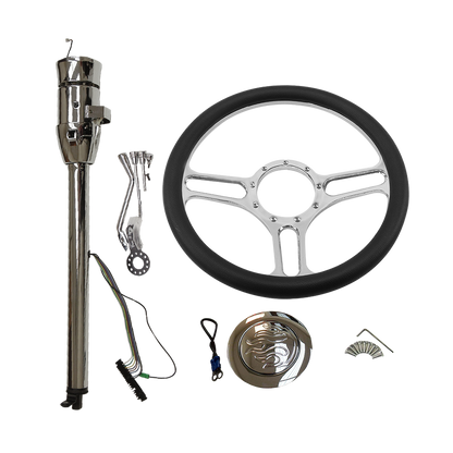 14" Chrome Billet Aluminum (9 Hole) Steering Wheel& Automatic Steering Column 30" GM No Key&Horn Button