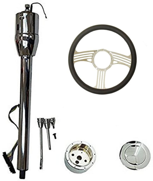 14" Blade Chrome Universal Style Steering Wheel & Manual Steering Column 30" GM No Key & Horn Button
