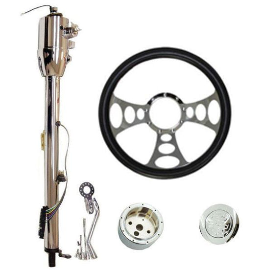 14" Chrome Nine Hole Steering Wheel And Auto Column 28"GM w/Key And Adapter And Horn Button