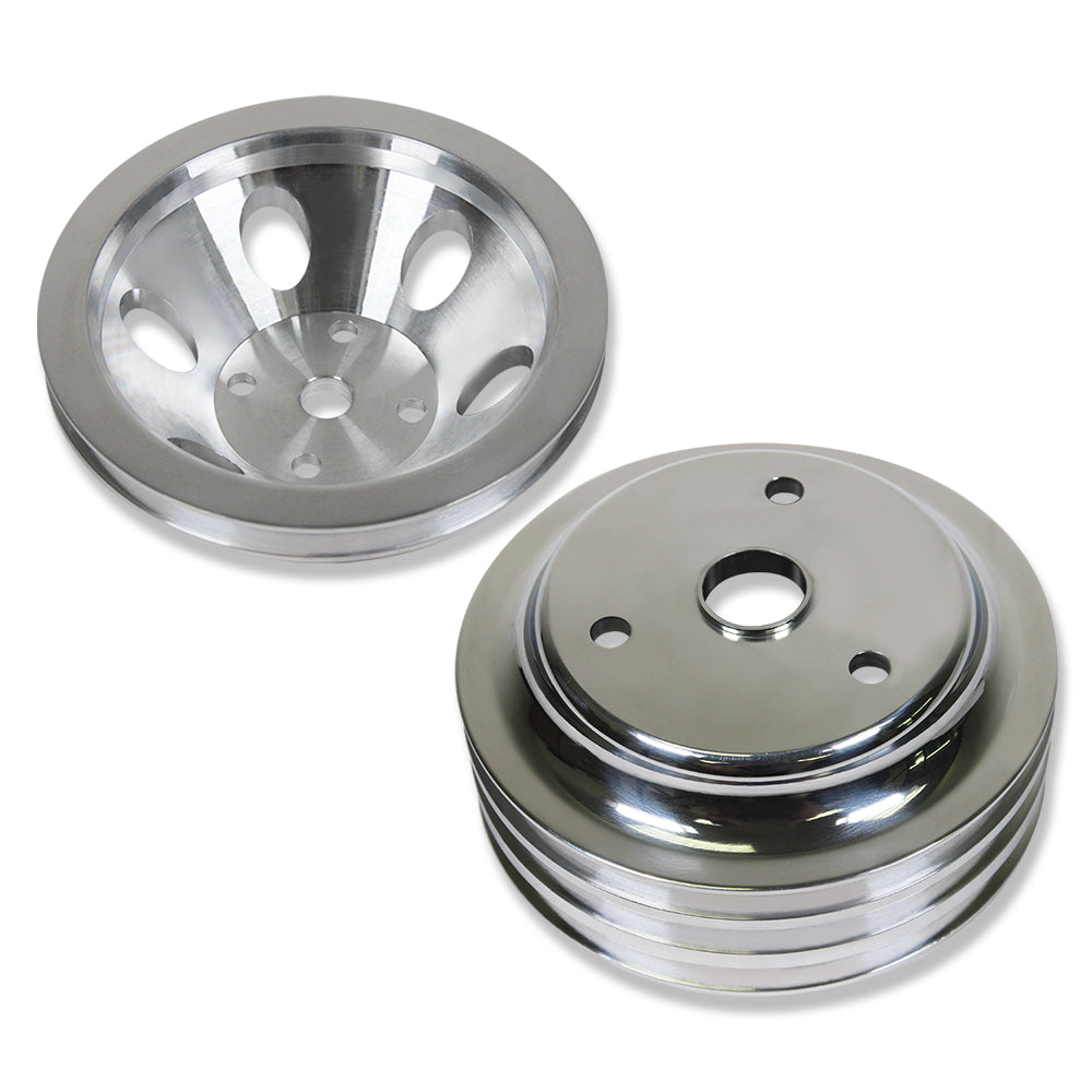 Polished Aluminum SBC Chevy 1 & 3 Groove Long Water Pump Crankshaft Pulley Kit