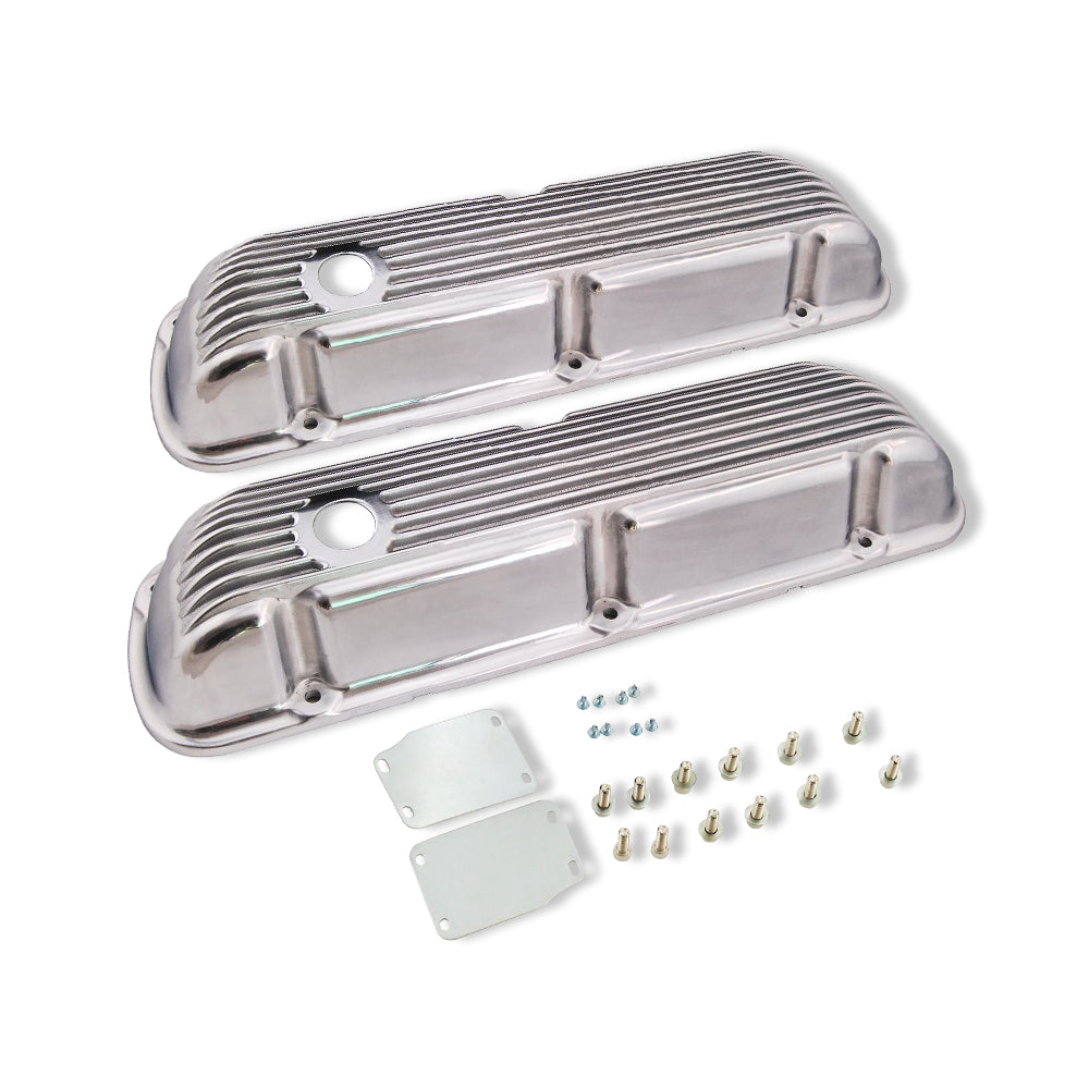 For Small Block Ford SBF 289 302 351W Finned Short Valve Cover Polished Aluminum