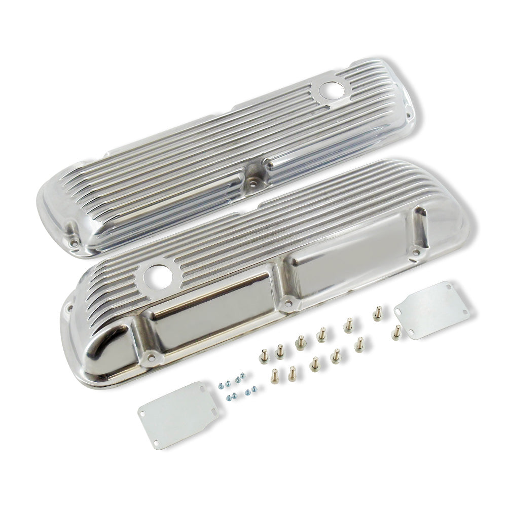 Finned Polished Aluminum Short Valve Covers for SBF 289 302 351W with 12" x 2" Full Finned Air Cleaner and Breather Caps