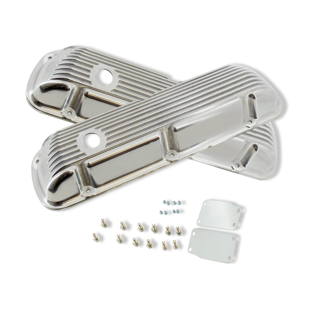 Finned Polished Aluminum Short Valve Covers for SBF 289 302 351W with 12" x 2" Full Finned Air Cleaner and Breather Caps