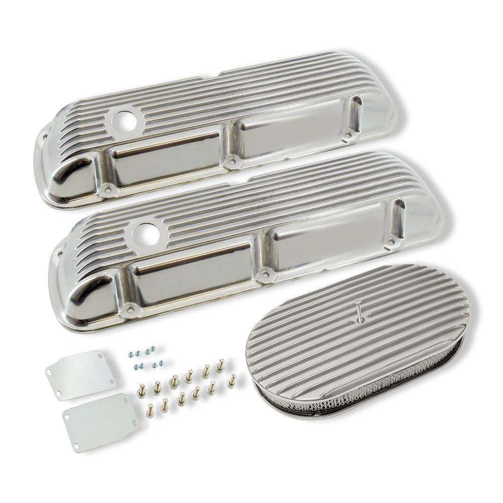 Finned Polished Aluminum Short Valve Covers for SBF 289 302 351W & 15" Full Finned Air Cleaner Kit